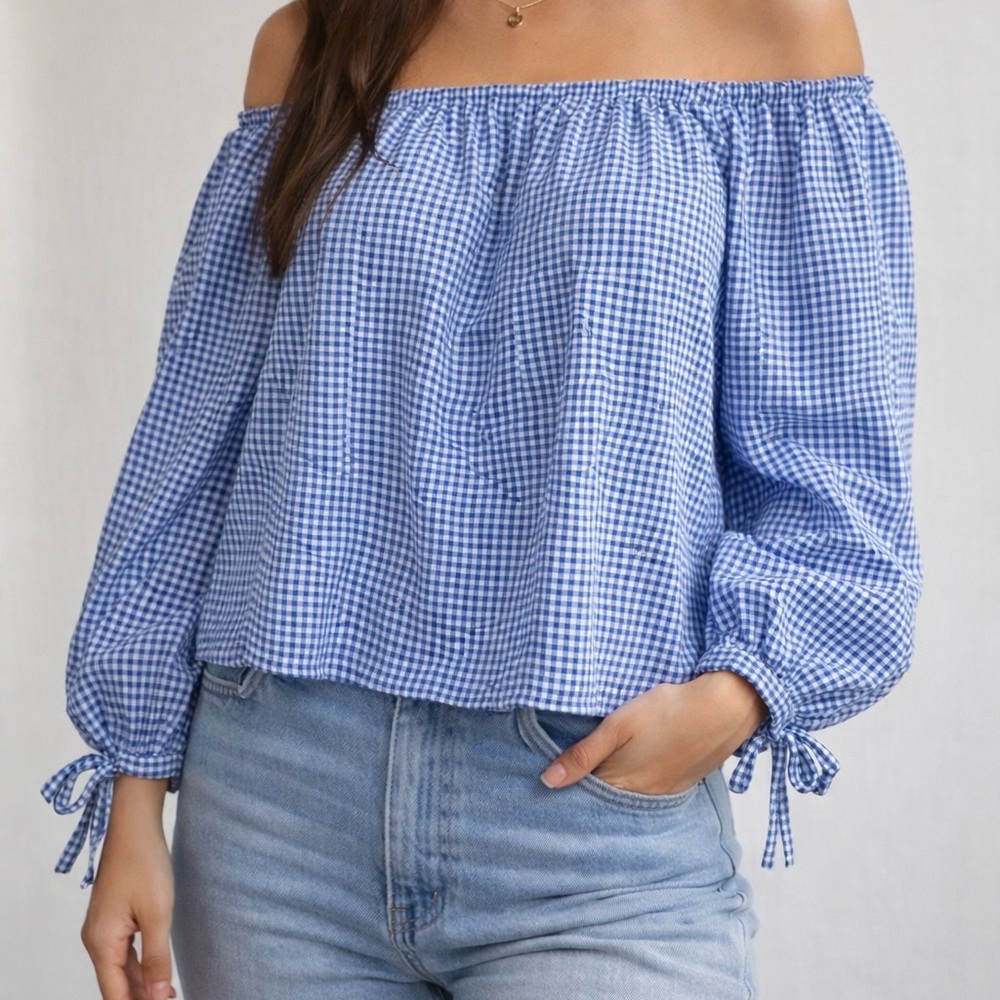 Elodie Blue Gingham Off Shoulder Long Sleeve Top Size S